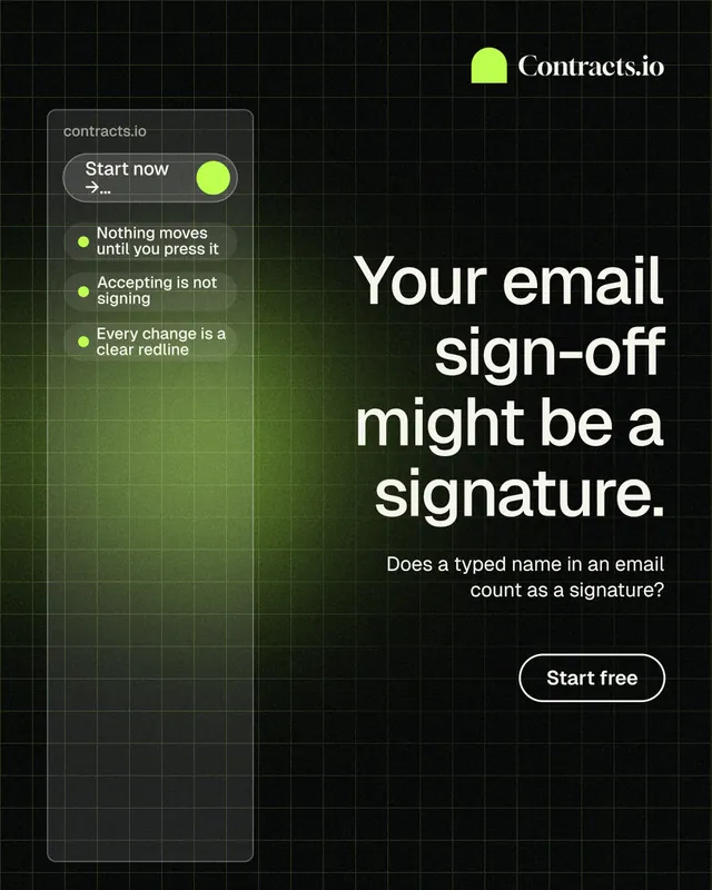 Instagram portrait post for contracts.io: "Your email sign-off might be a signature." Phosphor atlas style, right layout, dark palette in black, green.