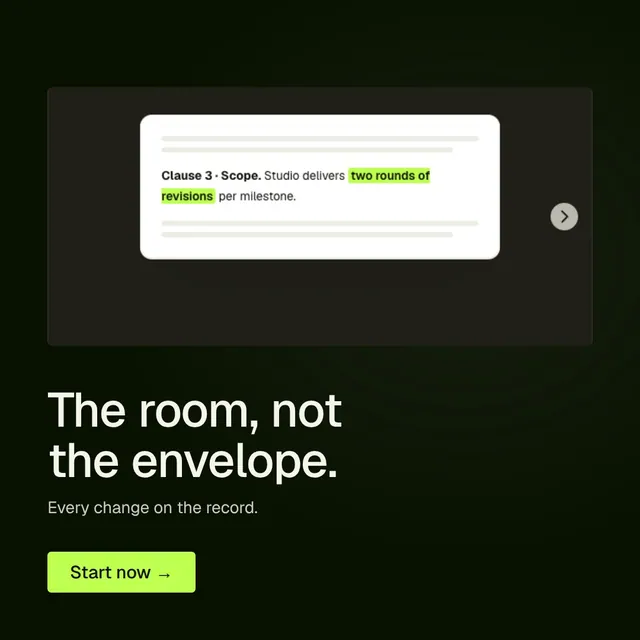 Video for contracts.io: "The room, not the envelope.". Doc motion loop, 8.0 s, dark palette.