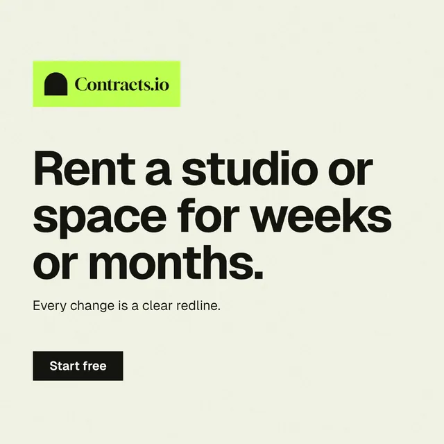 Instagram post for contracts.io: "Rent a studio or space for weeks or months." Swiss style, announce layout, light palette in white, yellow, grey.