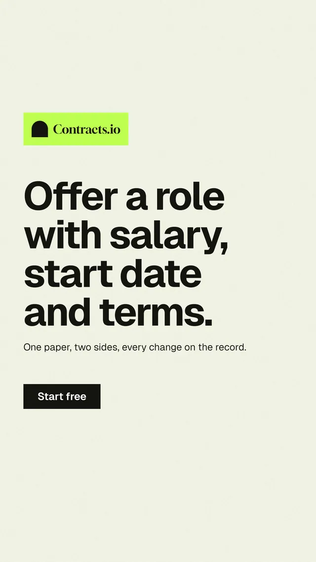 Instagram story for contracts.io: "Offer a role with salary, start date and terms." Swiss style, announce layout, light palette in white, yellow, grey.