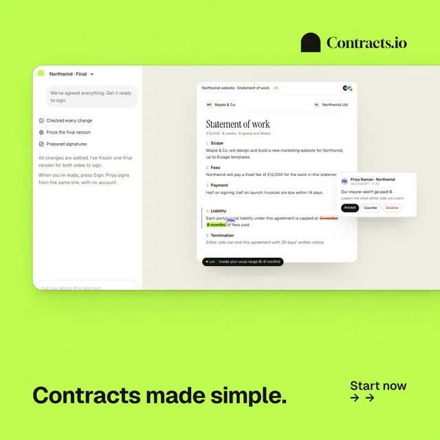 Instagram post for contracts.io: "Contracts made simple." Swiss style, image led layout, light palette in white, green.