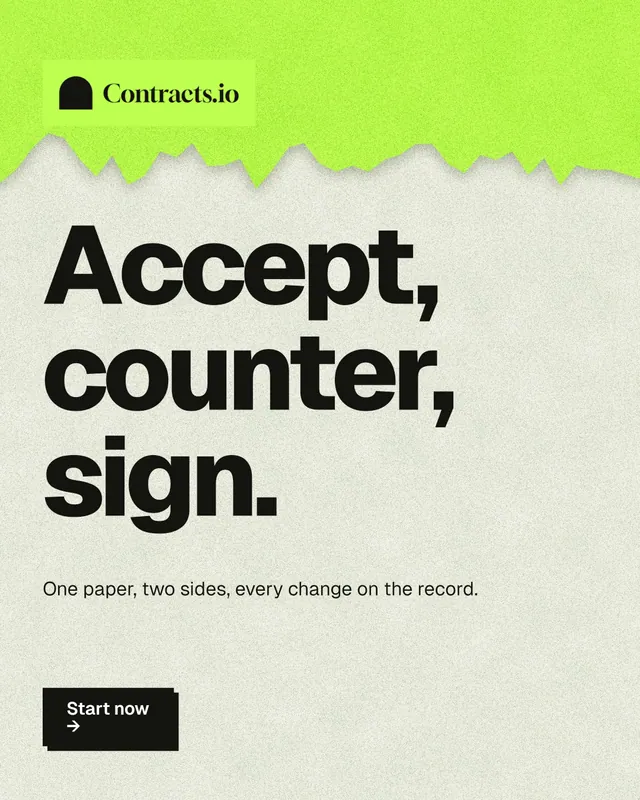 Instagram portrait post for contracts.io: "Accept, counter, sign." Paper trio style, announce layout, light palette in green, grey.