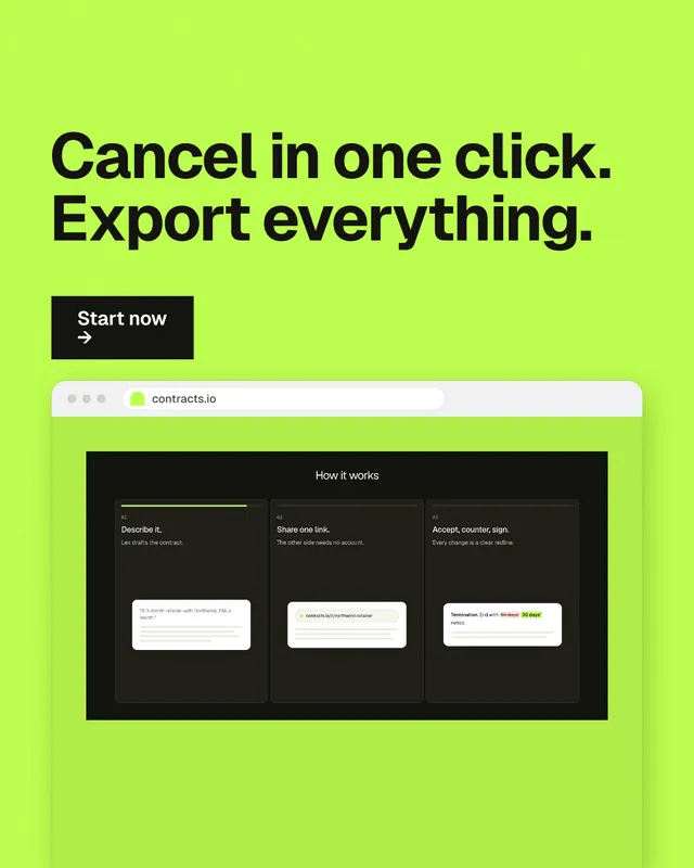 Instagram portrait post for contracts.io: "Cancel in one click. Export everything." Swiss style, browser layout, light palette in green.