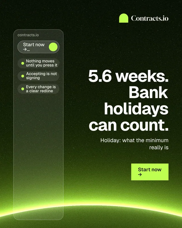 Instagram portrait post for contracts.io: "5.6 weeks. Bank holidays can count." Swiss style, right layout, dark palette in green, black.
