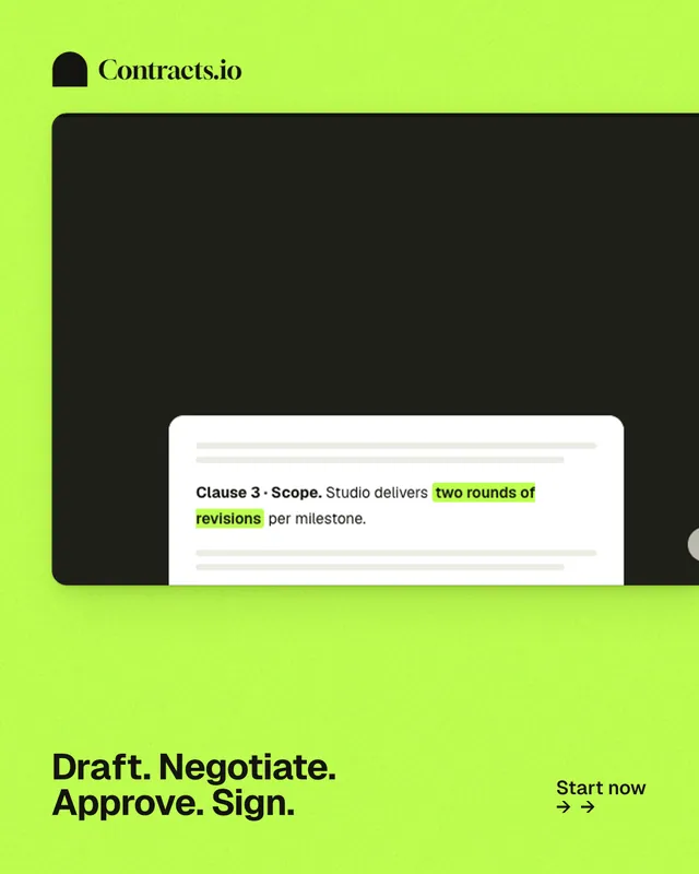Instagram portrait post for contracts.io: "Draft. Negotiate. Approve. Sign." Swiss style, image led layout, light palette in green, black.