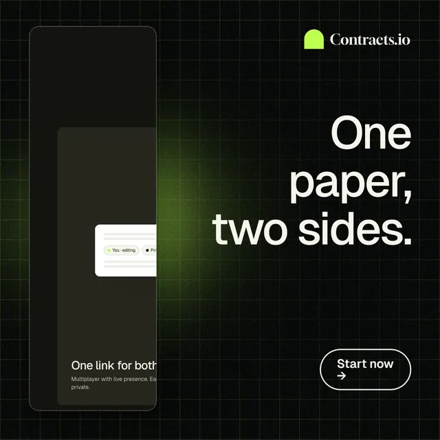 Instagram post for contracts.io: "One paper, two sides." Phosphor atlas style, right layout, dark palette in black, grey.