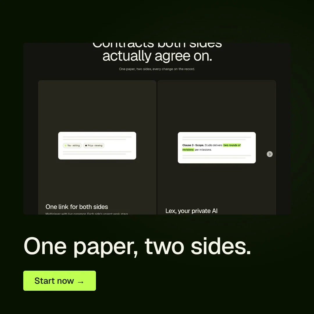 Video for contracts.io: "One paper, two sides.". Doc motion loop, 6.0 s, dark palette.