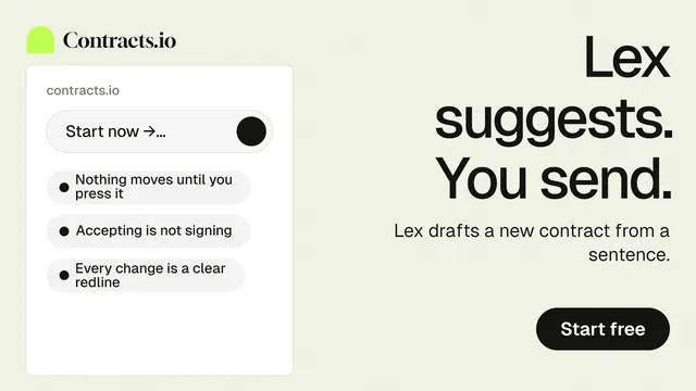 Landscape graphic for contracts.io: "Lex suggests. You send." Data card style, right layout, light palette in white, grey.