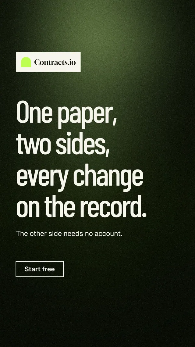 Instagram story for contracts.io: "One paper, two sides, every change on the record." Dark deco style, announce layout, dark palette in green, black, grey.