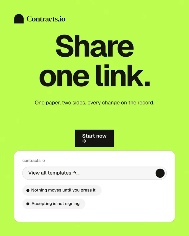 Instagram portrait post for contracts.io: "Share one link." Swiss style, centred layout, light palette in green, white.