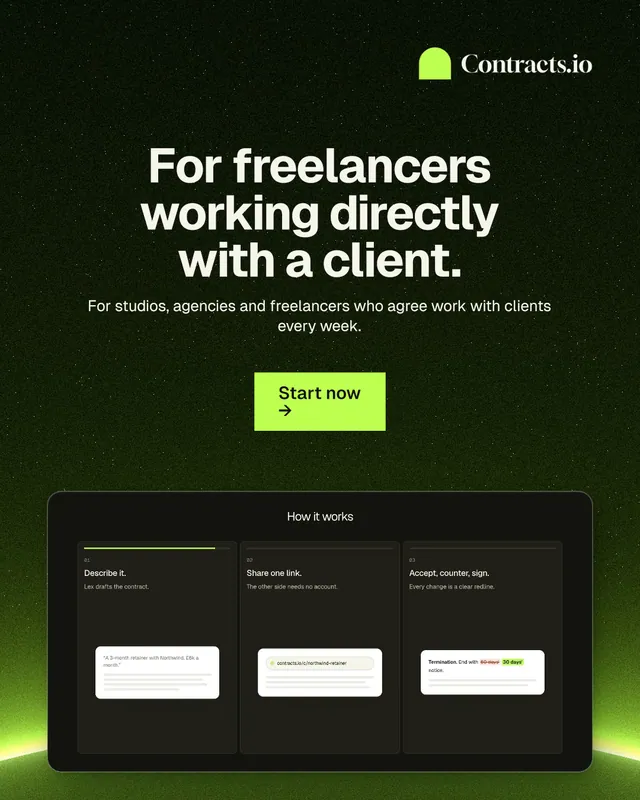 Instagram portrait post for contracts.io: "For freelancers working directly with a client." Swiss style, centred layout, dark palette in black, green.