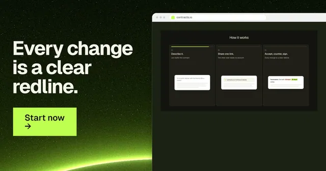 Social ad for contracts.io: "Every change is a clear redline." Swiss style, browser layout, dark palette in black, green.