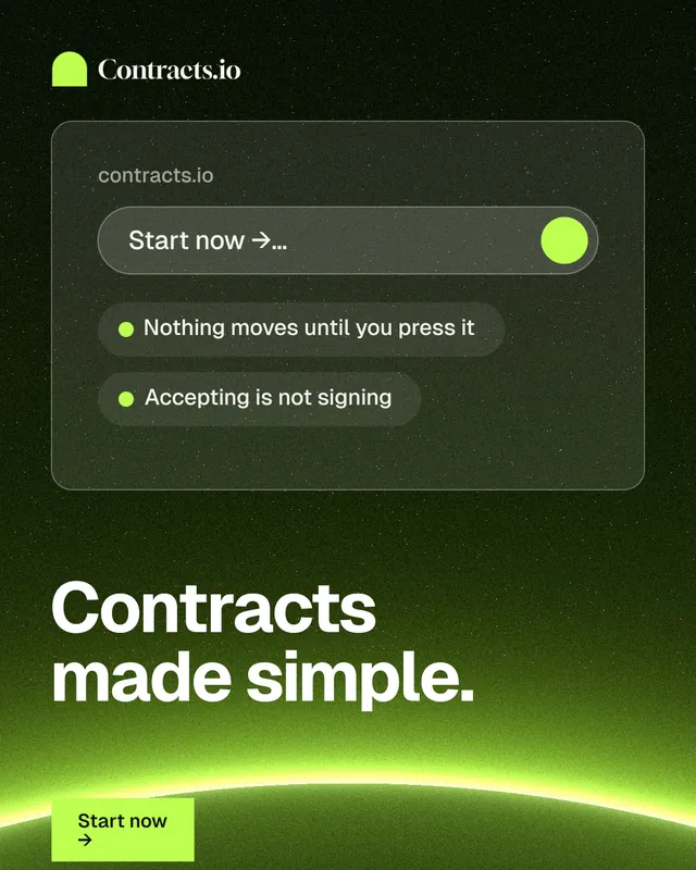 Instagram portrait post for contracts.io: "Contracts made simple." Swiss style, bottom layout, dark palette in green, black.