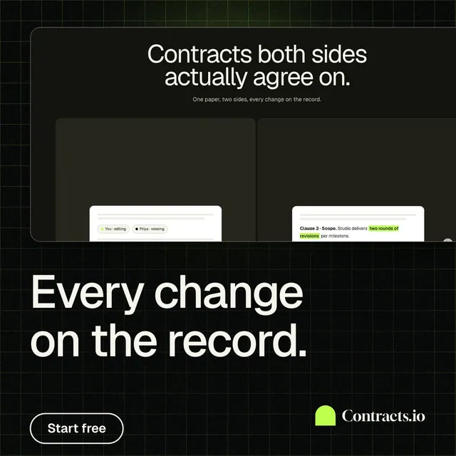 Instagram post for contracts.io: "Every change on the record." Phosphor atlas style, bottom layout, dark palette in black, grey.
