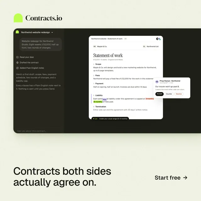 Instagram post for contracts.io: "Contracts both sides actually agree on." Data card style, image led layout, light palette in green, black, white.