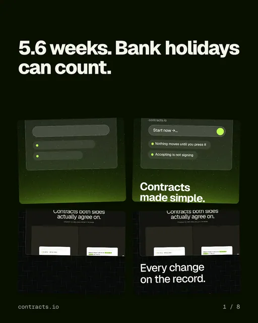 Carousel for contracts.io: "5.6 weeks. Bank holidays can count.". Collection carousel, 8 slides, dark palette.