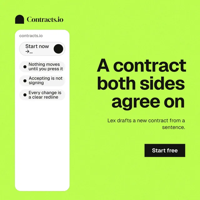 Instagram post for contracts.io: "A contract both sides agree on". Swiss style, right layout, light palette in green.
