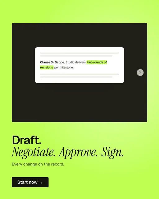 Video for contracts.io: "Draft. Negotiate. Approve. Sign.". Doc motion loop, 6.0 s, light palette.