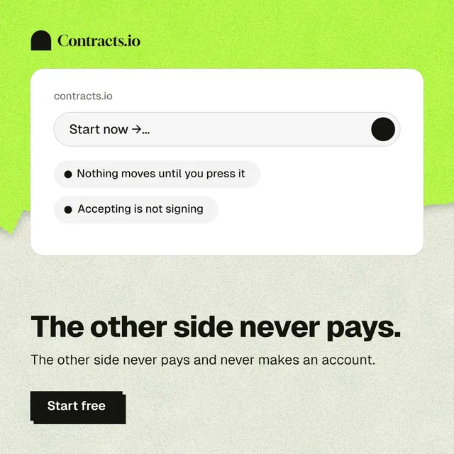 Instagram post for contracts.io: "The other side never pays." Paper trio style, bottom layout, light palette in white, green, grey.