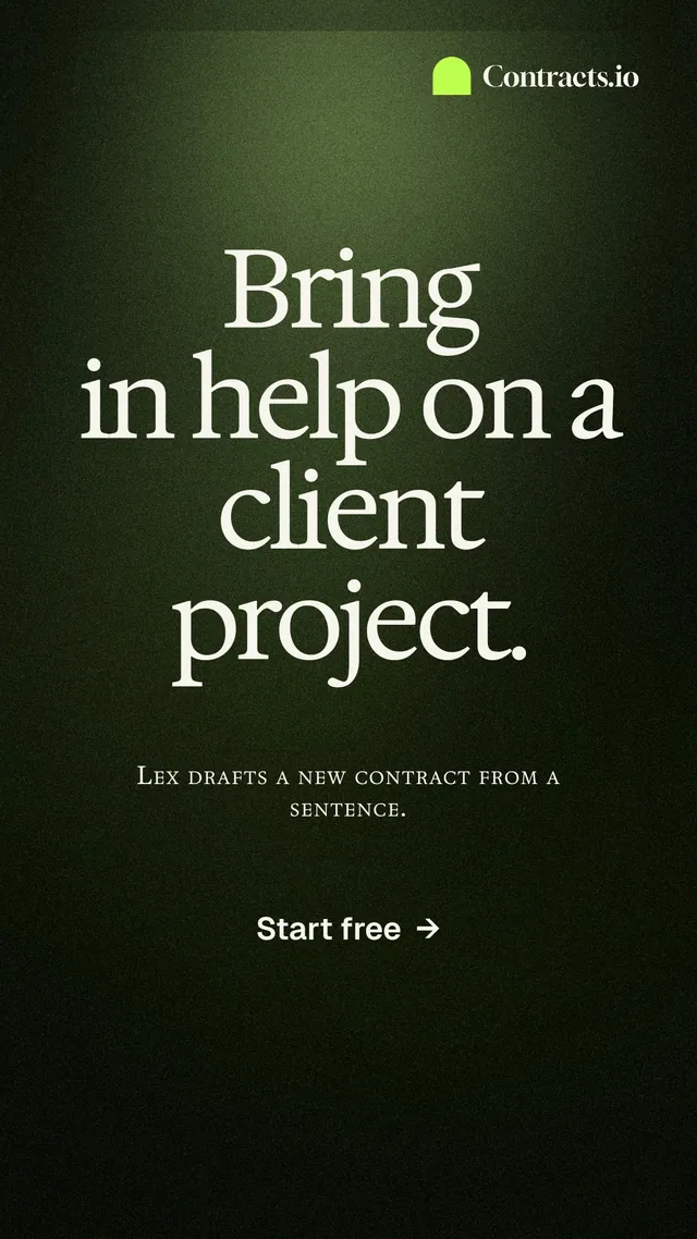 Instagram story for contracts.io: "Bring in help on a client project." Dark deco style, smallcaps layout, dark palette in black, grey.