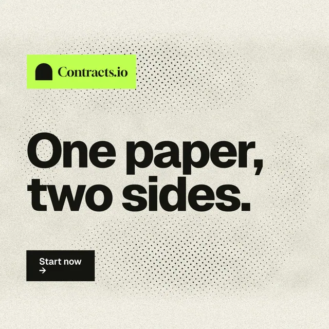 Instagram post for contracts.io: "One paper, two sides." Ink sticker style, announce layout, light palette in yellow, grey.