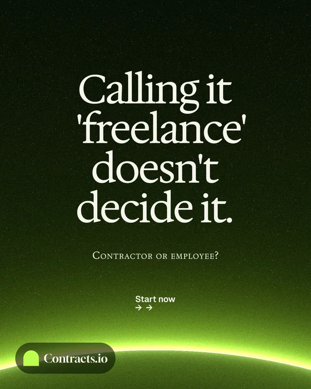 Instagram portrait post for contracts.io: "Calling it 'freelance' doesn't decide it." Swiss style, smallcaps layout, dark palette in green, black.