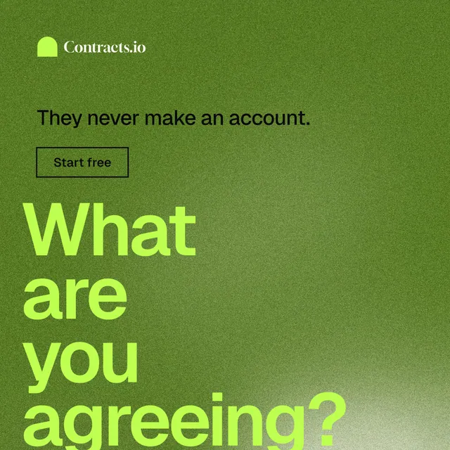 Instagram post for contracts.io: "What are you agreeing?" Cyanotype style, oversized layout, light palette in green.