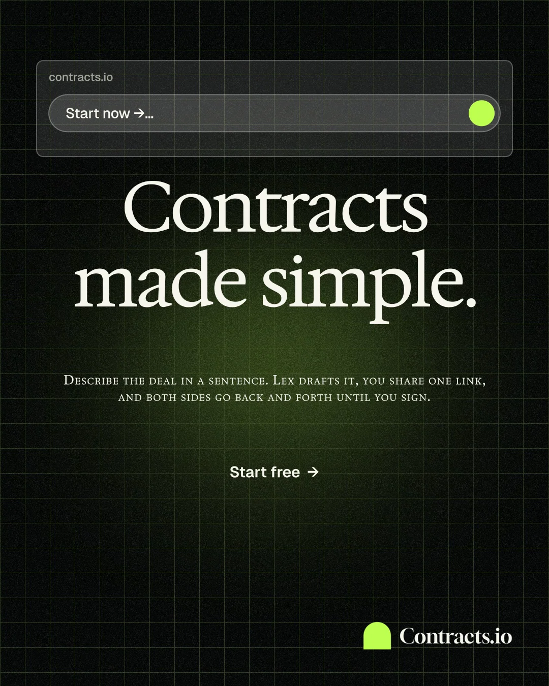 Instagram portrait post for contracts.io: "Contracts made simple." Phosphor atlas style, smallcaps layout, dark palette in black, green, grey.