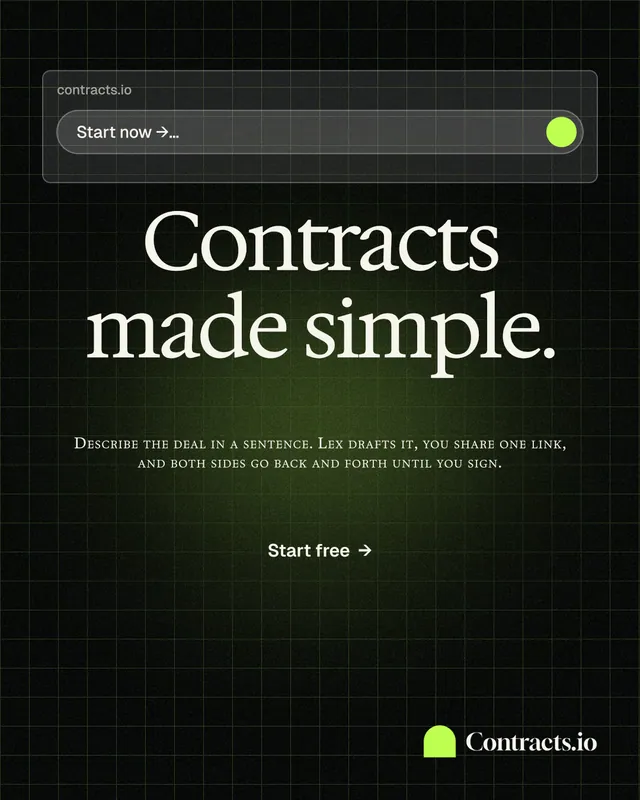 Instagram portrait post for contracts.io: "Contracts made simple." Phosphor atlas style, smallcaps layout, dark palette in black, green, grey.