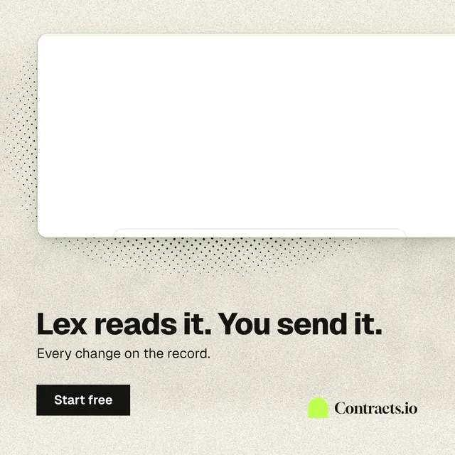 Instagram post for contracts.io: "Lex reads it. You send it." Ink sticker style, bottom layout, light palette in white, yellow, grey.