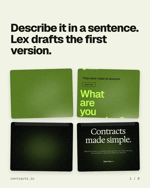 Carousel for contracts.io: "Describe it in a sentence. Lex drafts the first version.". Collection carousel, 8 slides, light palette.