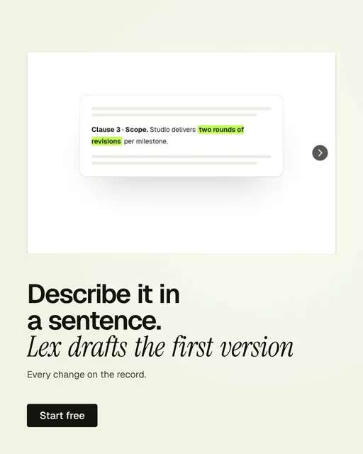 Video for contracts.io: "Describe it in a sentence. Lex drafts the first version.". Kinetic type grid, 7.0 s, light palette.