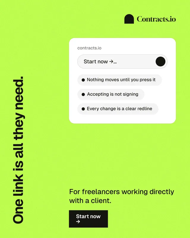 Instagram portrait post for contracts.io: "One link is all they need." Swiss style, vertical layout, light palette in green.