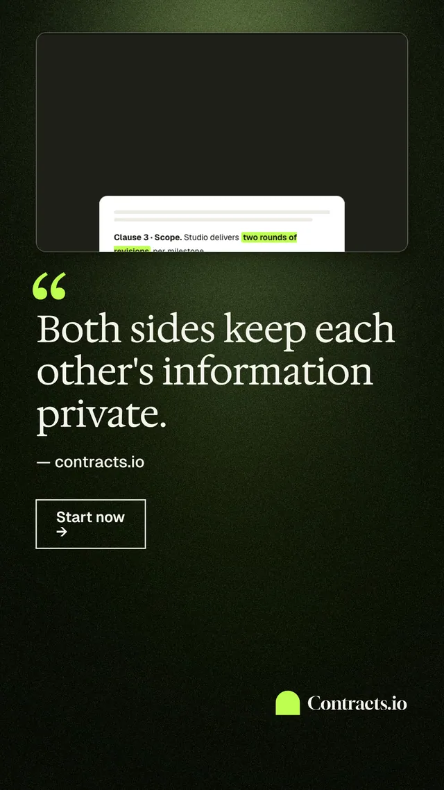 Instagram story for contracts.io: "Both sides keep each other's information private." Dark deco style, quote layout, dark palette in black, grey.