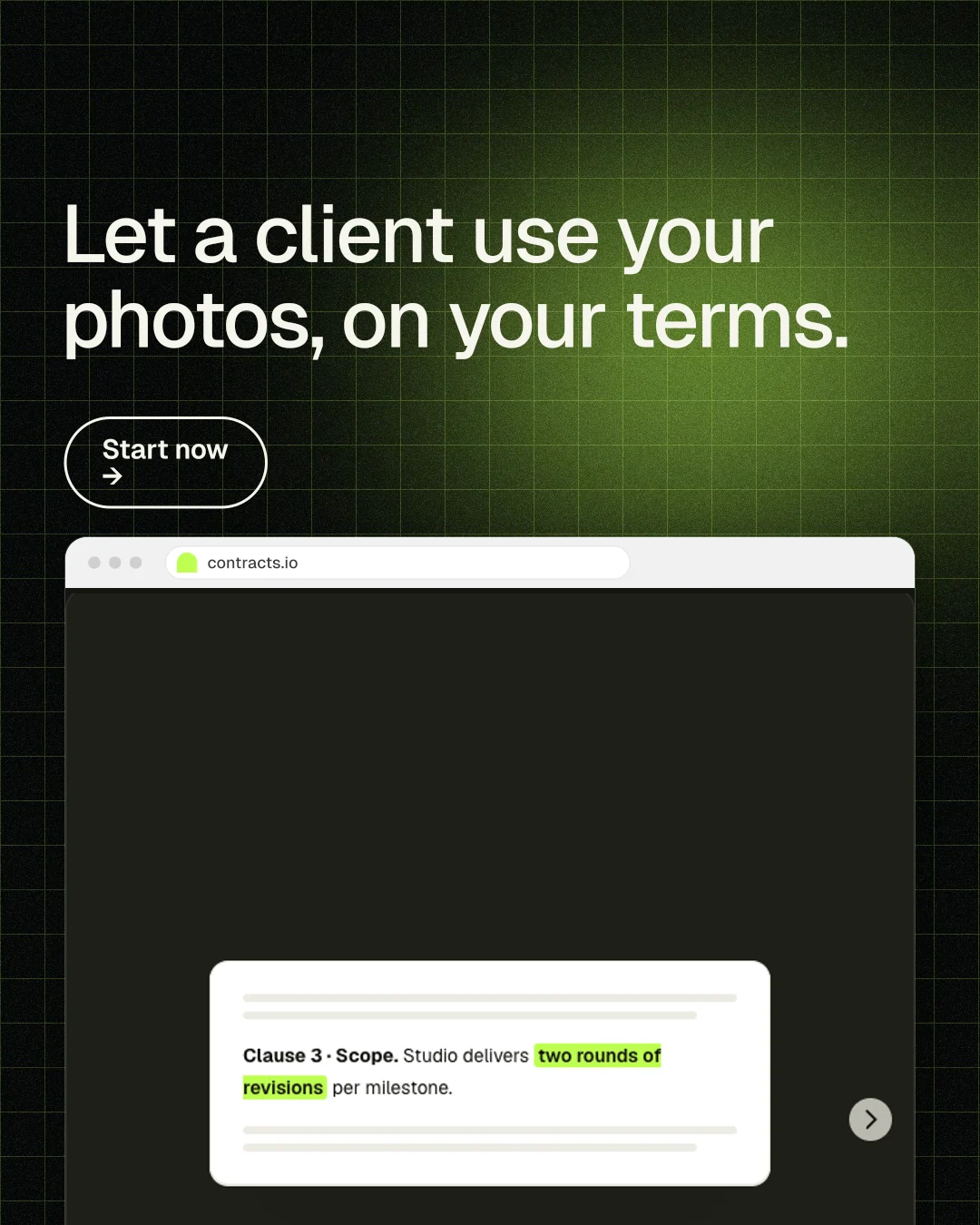 Instagram portrait post for contracts.io: "Let a client use your photos, on your terms." Phosphor atlas style, browser layout, dark palette in black, white, green.
