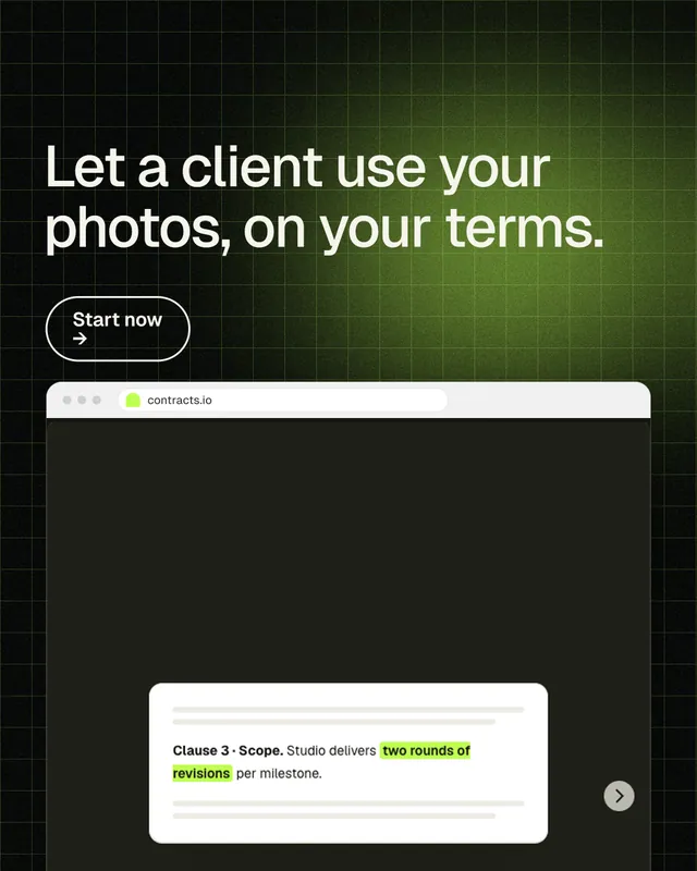 Instagram portrait post for contracts.io: "Let a client use your photos, on your terms." Phosphor atlas style, browser layout, dark palette in black, white, green.