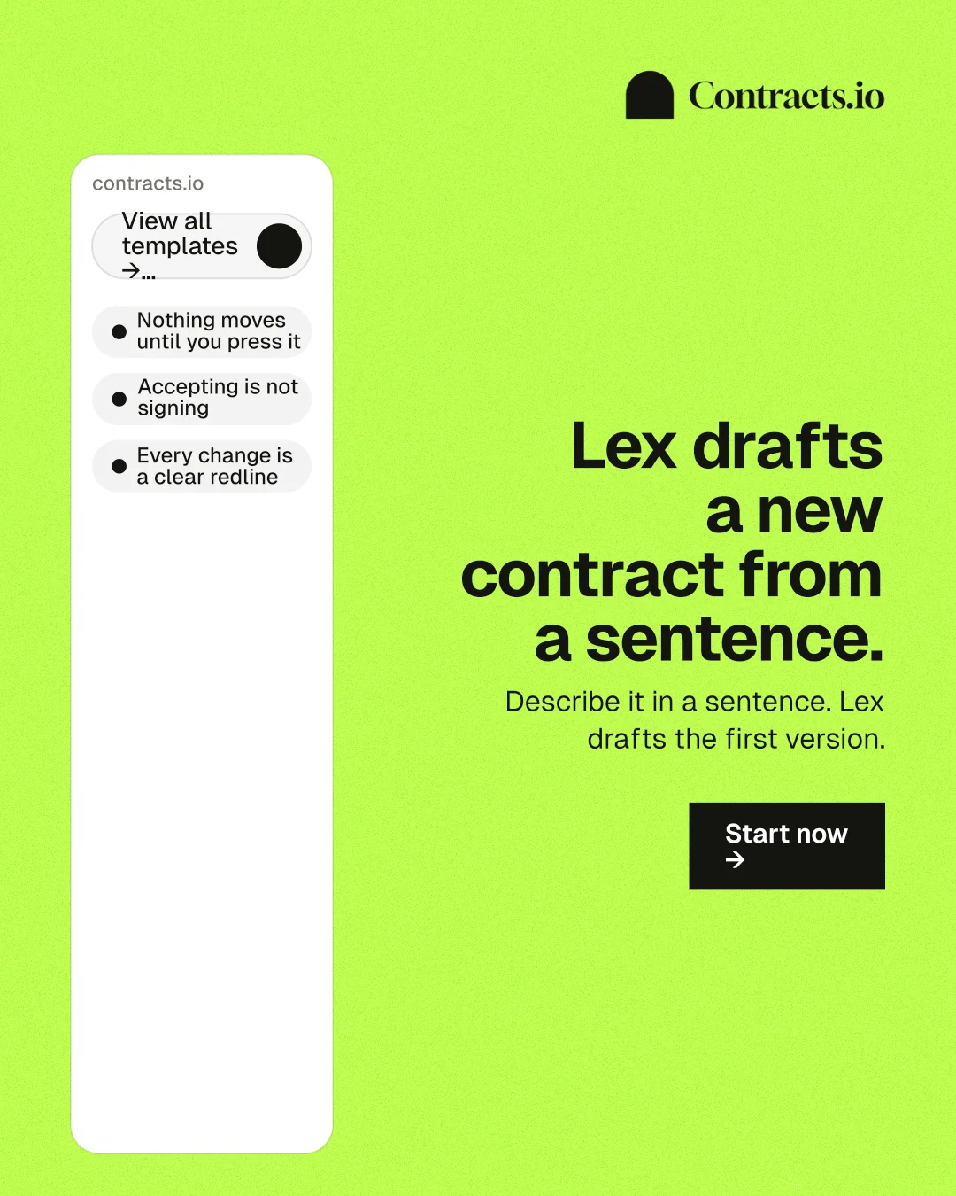 Instagram portrait post for contracts.io: "Lex drafts a new contract from a sentence." Swiss style, right layout, light palette in green, white.