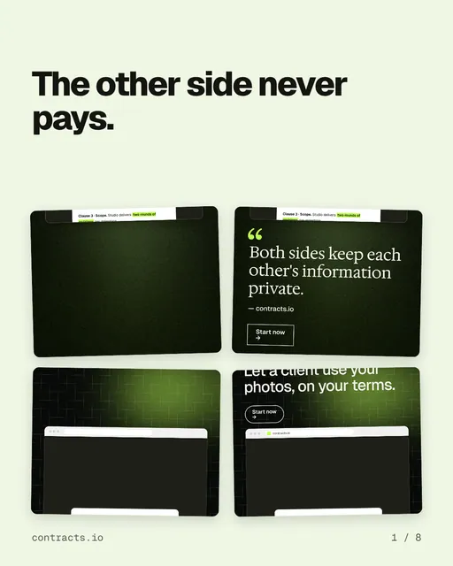 Carousel for contracts.io: "The other side never pays.". Collection carousel, 8 slides, light palette.