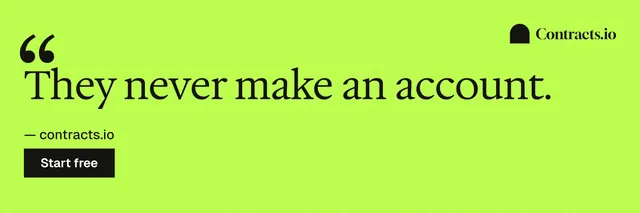 X header for contracts.io: "They never make an account." Swiss style, quote layout, light palette in green.