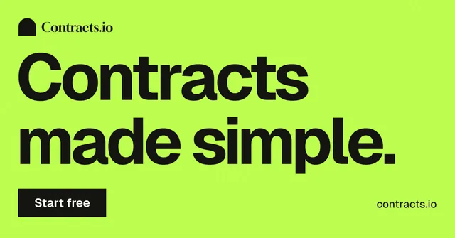 Social ad for contracts.io: "Contracts made simple." Swiss style, poster layout, light palette in green.