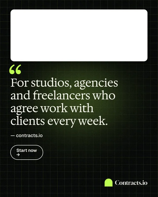 Instagram portrait post for contracts.io: "For studios, agencies and freelancers who agree work with clients every week." Phosphor atlas style, quote layout, dark palette in white, black, green.