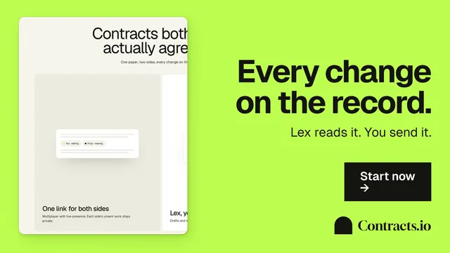 Landscape graphic for contracts.io: "Every change on the record." Swiss style, right layout, light palette in green.