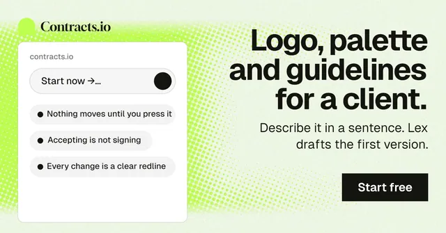 Social ad for contracts.io: "Logo, palette and guidelines for a client." Swiss style, right layout, light palette in green, white, grey.