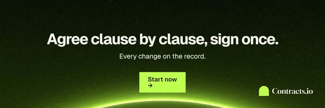 X header for contracts.io: "Agree clause by clause, sign once." Swiss style, centred layout, dark palette in black, green.