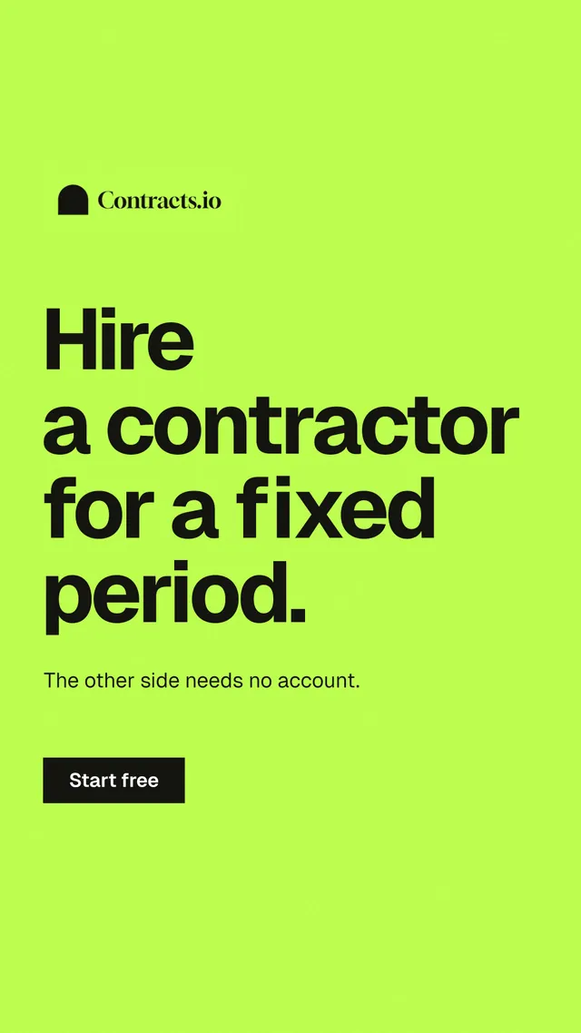 Instagram story for contracts.io: "Hire a contractor for a fixed period." Swiss style, announce layout, light palette in green.