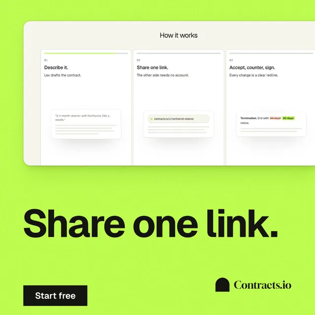 Instagram post for contracts.io: "Share one link." Swiss style, bottom layout, light palette in white, green.