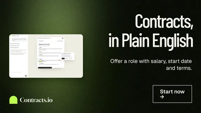 Landscape graphic for contracts.io: "Contracts, in Plain English". Dark deco style, right layout, dark palette in green, black, grey.