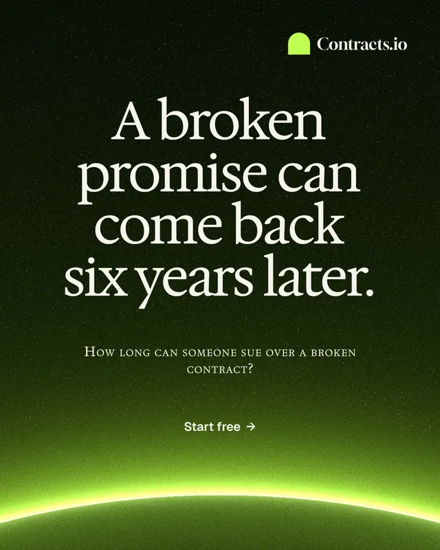 Instagram portrait post for contracts.io: "A broken promise can come back six years later." Swiss style, smallcaps layout, dark palette in green, black.