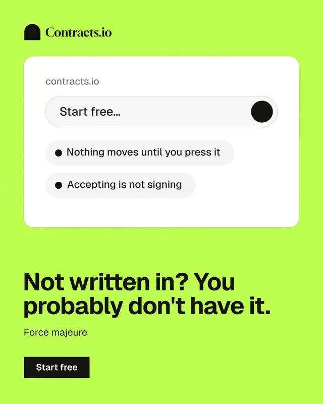 Instagram portrait post for contracts.io: "Not written in? You probably don't have it." Swiss style, bottom layout, light palette in white, green.
