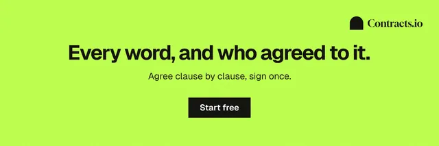 X header for contracts.io: "Every word, and who agreed to it." Swiss style, centred layout, light palette in green.